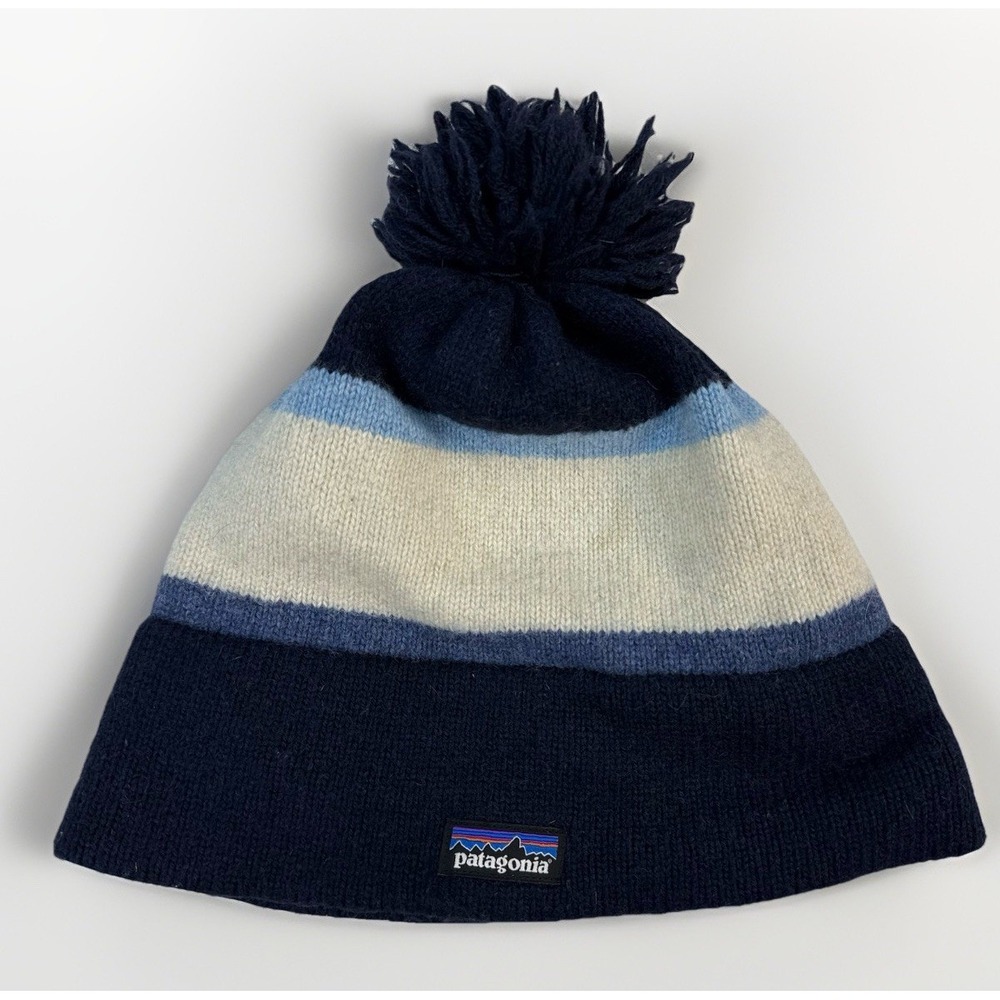 Patagonia Vintage Town Beanie Navy Stripe Wool Pom Unisex One Size $45